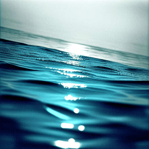 AI generated: view from the water surface, in an empty calm ocean, a distant horizon, and hazy sky (with no Sun). ...