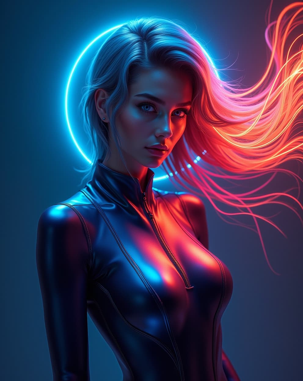 AI generated: digital art portrait of a stunning woman, flowing hair, illuminated by vibrant neon colors swirling ...