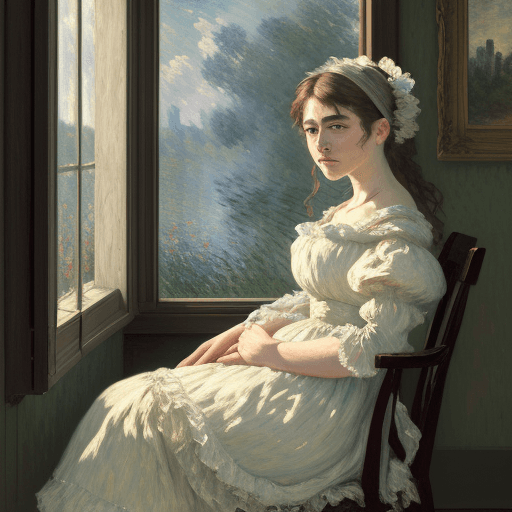 AI generated: a masterpiece oil painting of a beautiful woman sitting by a window, in the style of richly detailed...