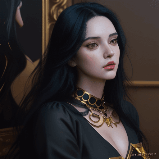 AI generated: a woman with long black hair in a gold painting, in the style of charlie bowater, dark blue and dark...