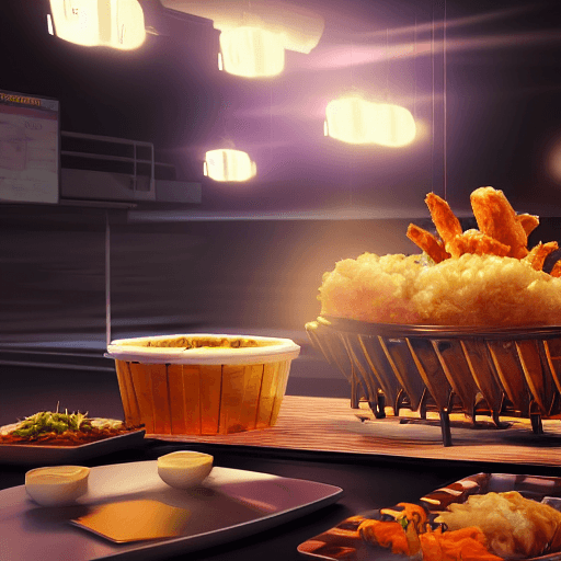 AI generated: futuristic tempura food, night, japanese, neon light, volumetric smoke, volumetric light, octane ren...