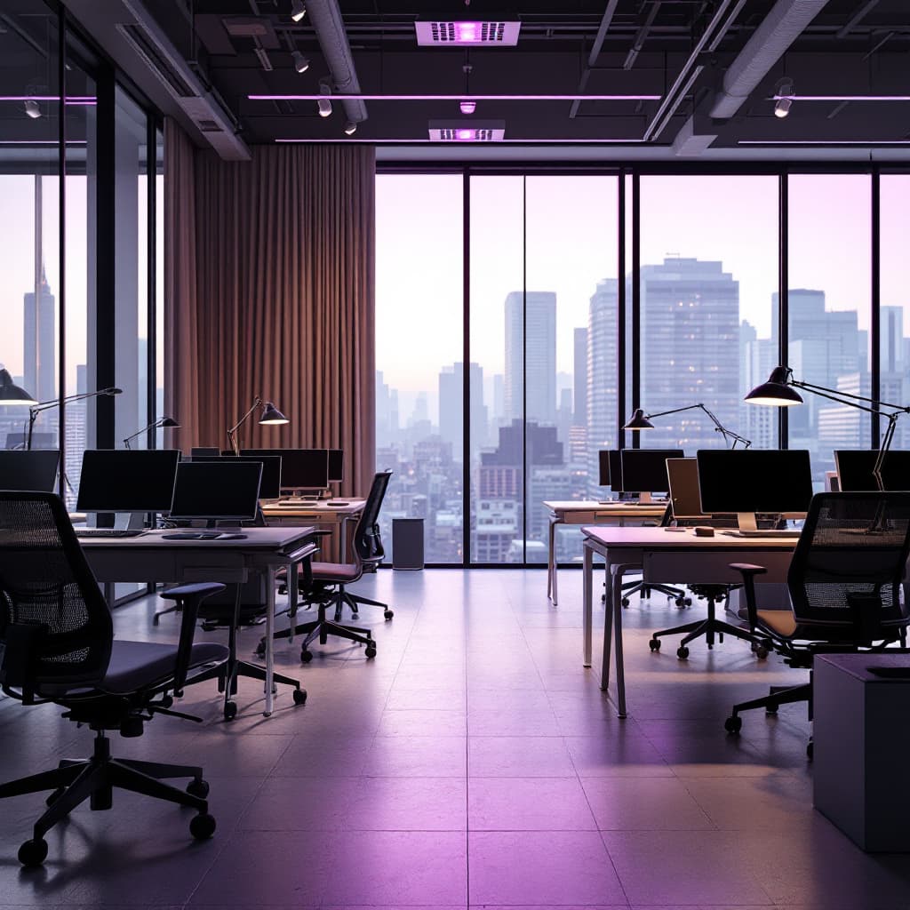 AI generated: technology office in spain have the purple energy Spacious office with frontal view, Herman Miller A...