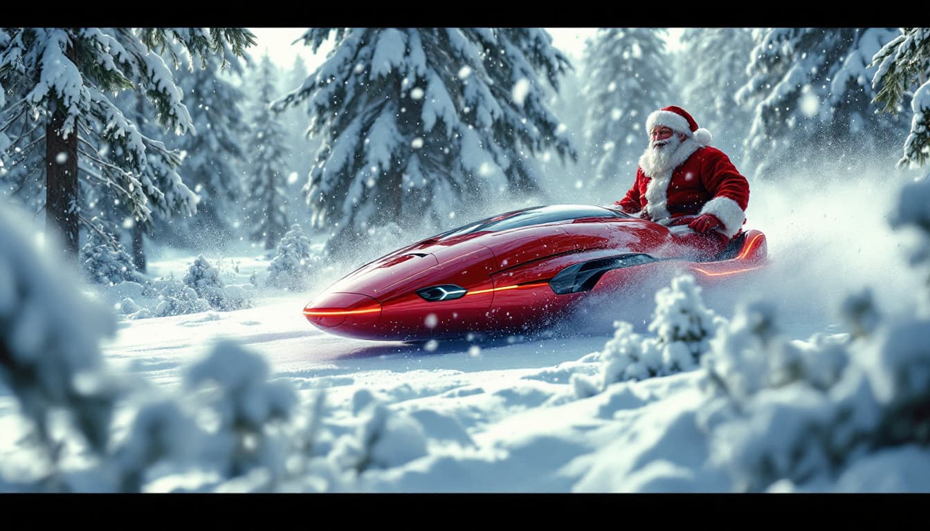 AI generated: Cinematic scene. Winter forest covered with snow. A painted red futuristic rocket powered sleigh mod...
