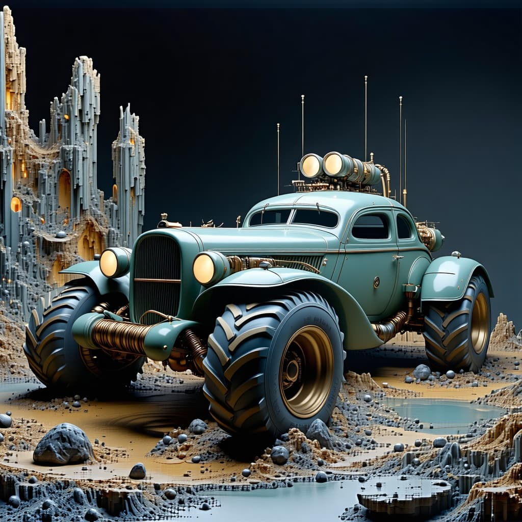 AI generated: All-terrain custom ((dieselpunk)) car, military tires, swing arms, suspension, engine cylinders, exp...
