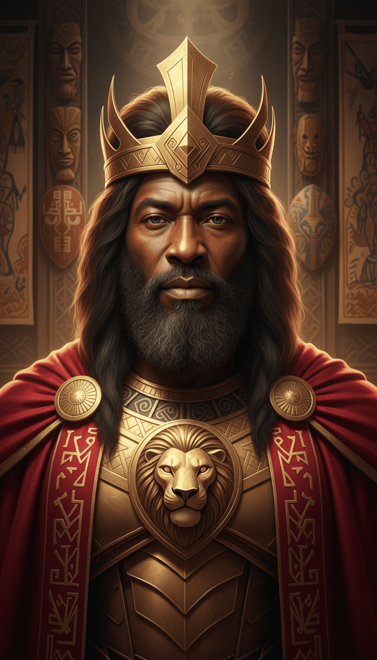 AI generated: A hyper-realistic portrait of a powerful tribal king inspired by Mufasa; older dignified man with wi...