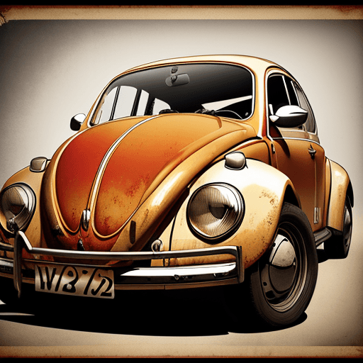 AI generated: vw beetle vintage poster, in the style of rustic simplicity, gritty reportage, kombuchapunk, rusty d...