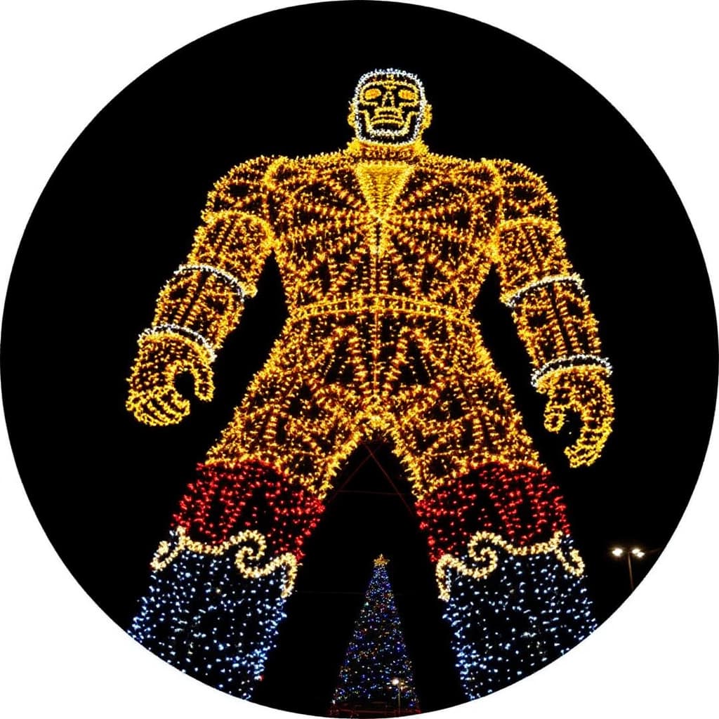 AI generated: 3D Christmas lights draped over the Golden Driller statue in Tulsa