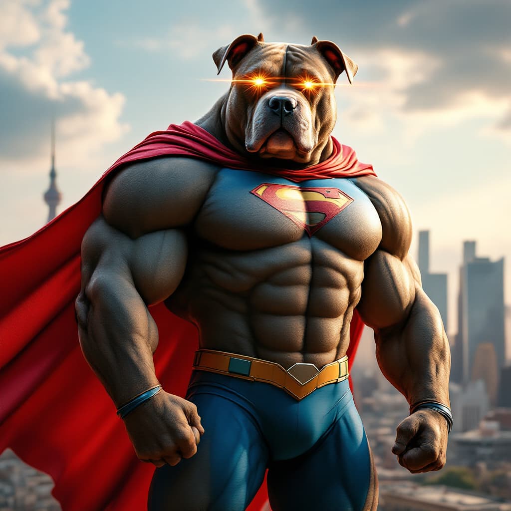 AI generated: A muscular and giant dog pitbull with a human body, dressed in a superhero suit. The suit is colorfu...
