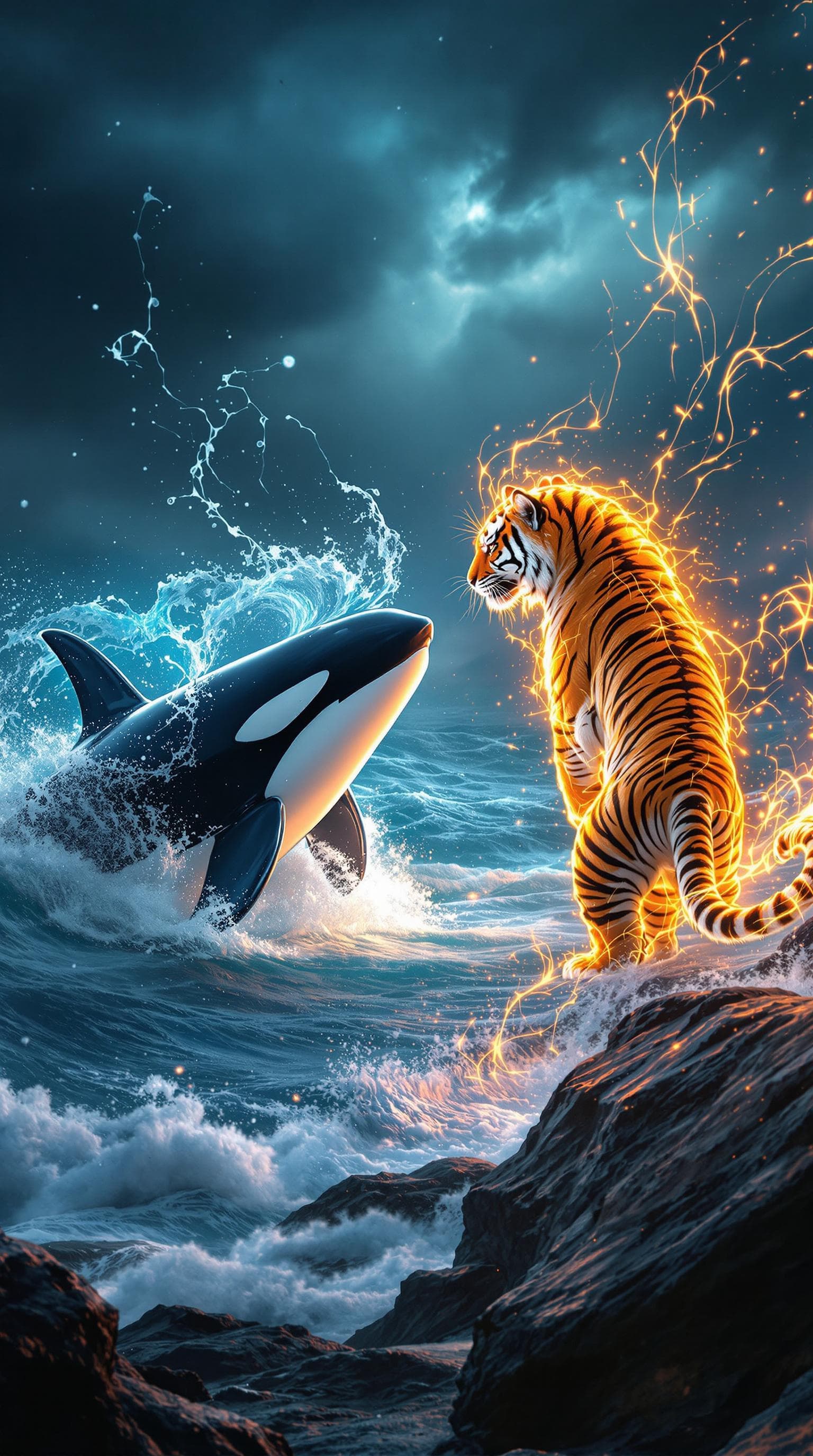 AI generated: A mesmerizing, hyper-detailed cinematic image capturing the intense face-off between a majestic orca...