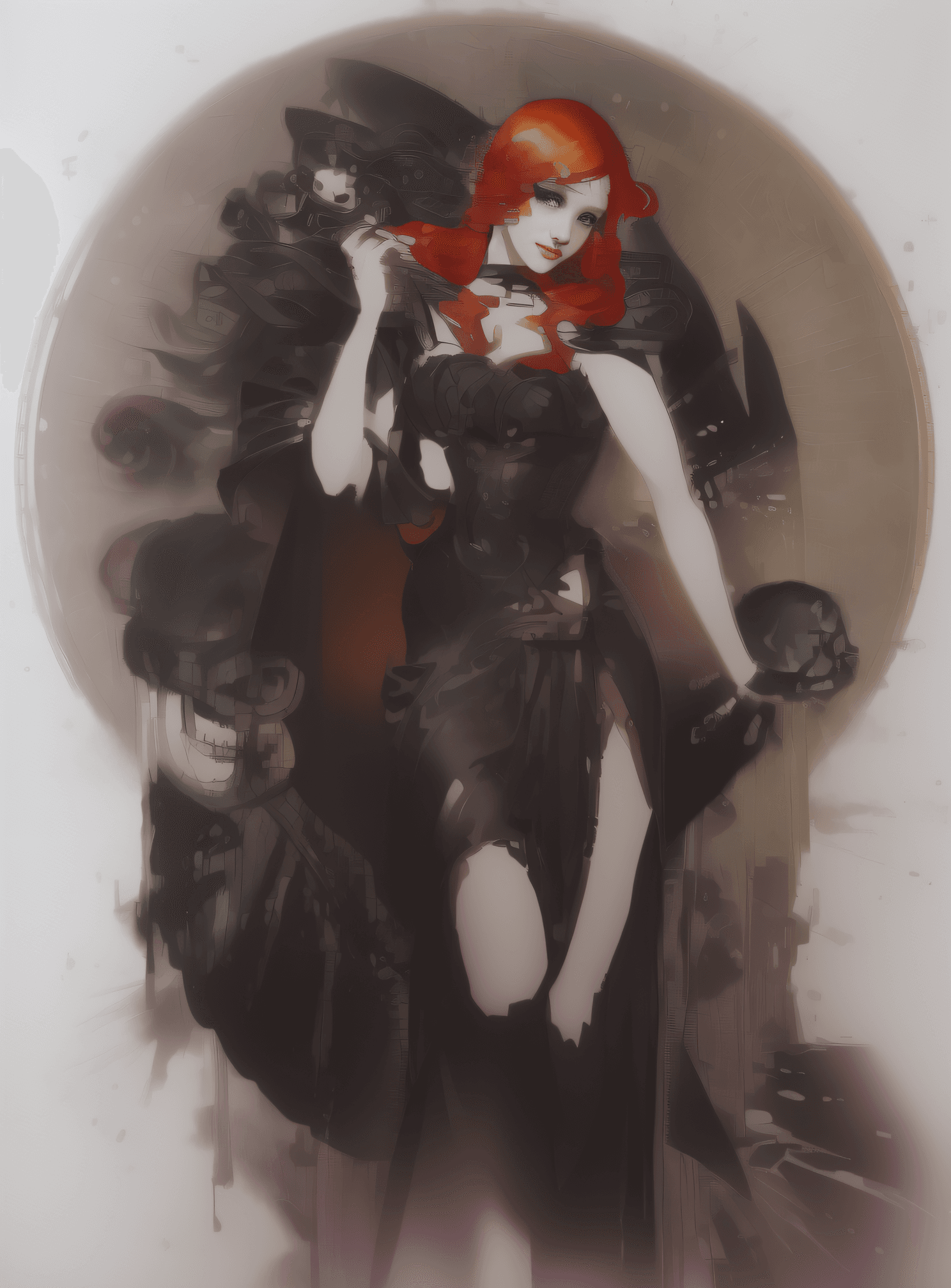 AI generated: a close up of a woman in a black dress holding a skull, persephone as goddess of death, red haired g...