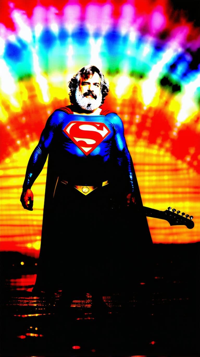 AI generated: Jerry Garcia as Superman. It is sunset. He is standing in front of a tie-dye rainbow  backdrop, in a...