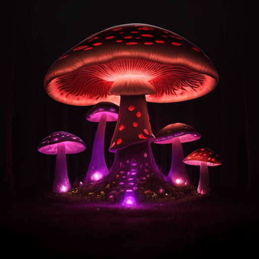 AI generated: big glowing mushroom forest --style raw, red and purple faded lights, fairytale --v 6.0
