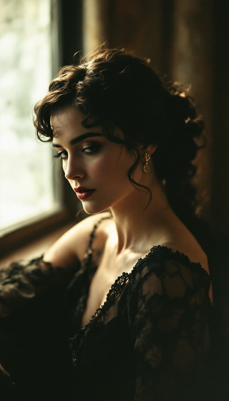 AI generated: 1920's, colour Polarized photo , Jennifer Connelly,ponytail hairstyle, feeling.