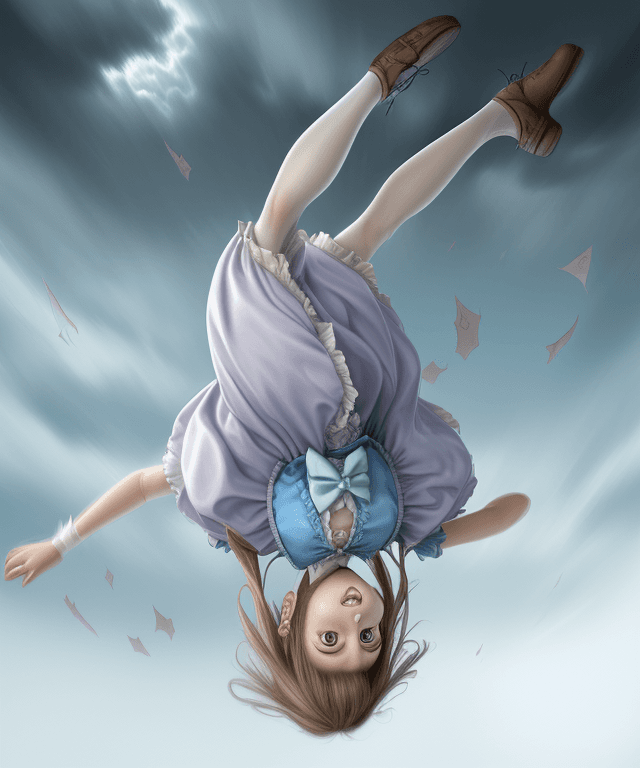 AI generated: realistic drawing 
alice from alice in wonderland falling from the sky horizontally 

seen from her ...