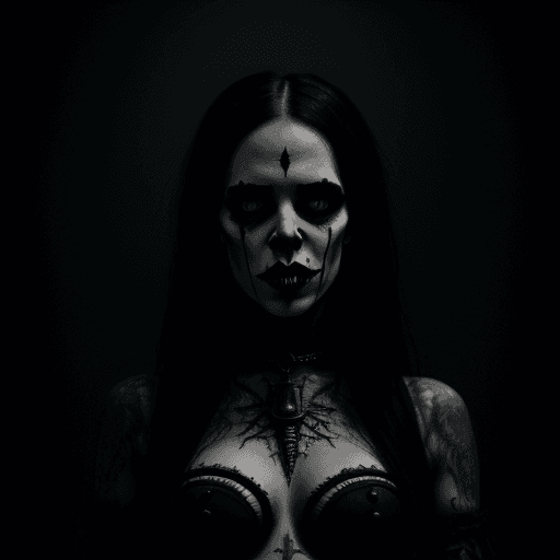 AI generated: A goth macabre grotesque female wearing occult attire, horror, dark, intricate design and details, d...
