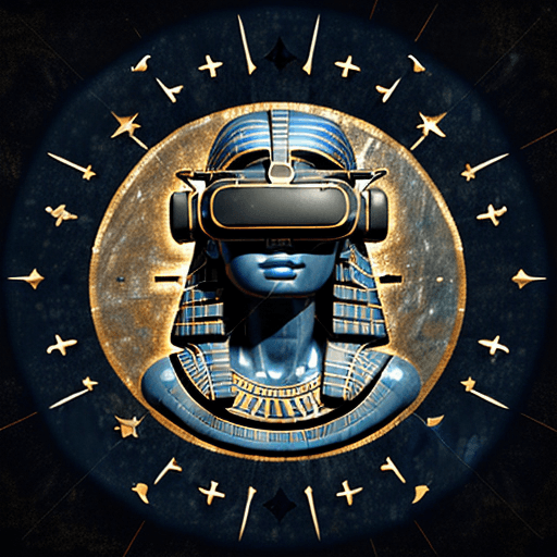 AI generated: deeply carved Greek hieroglyphic depicted in ancient dark blue stone of an Egyptian god wearing a VR...