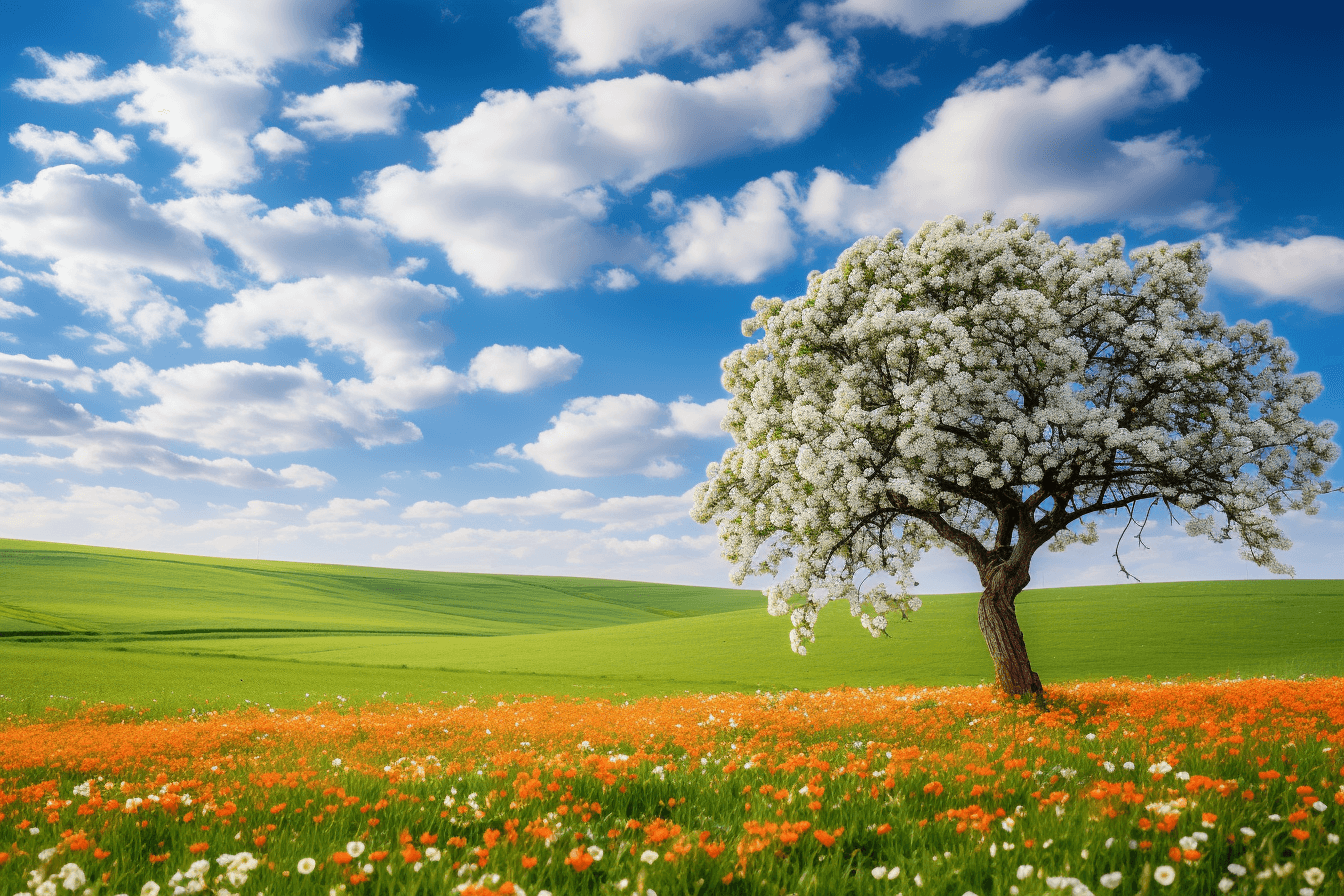 AI generated: A beautiful field of green grass and orange flowers, a blue sky with white clouds in the background,...