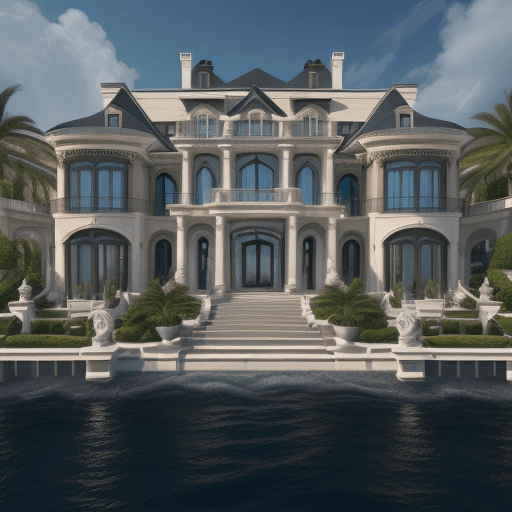 AI generated: Create a breathtaking visual representation of a luxurious waterfront Mega Mansion that exudes opule...
