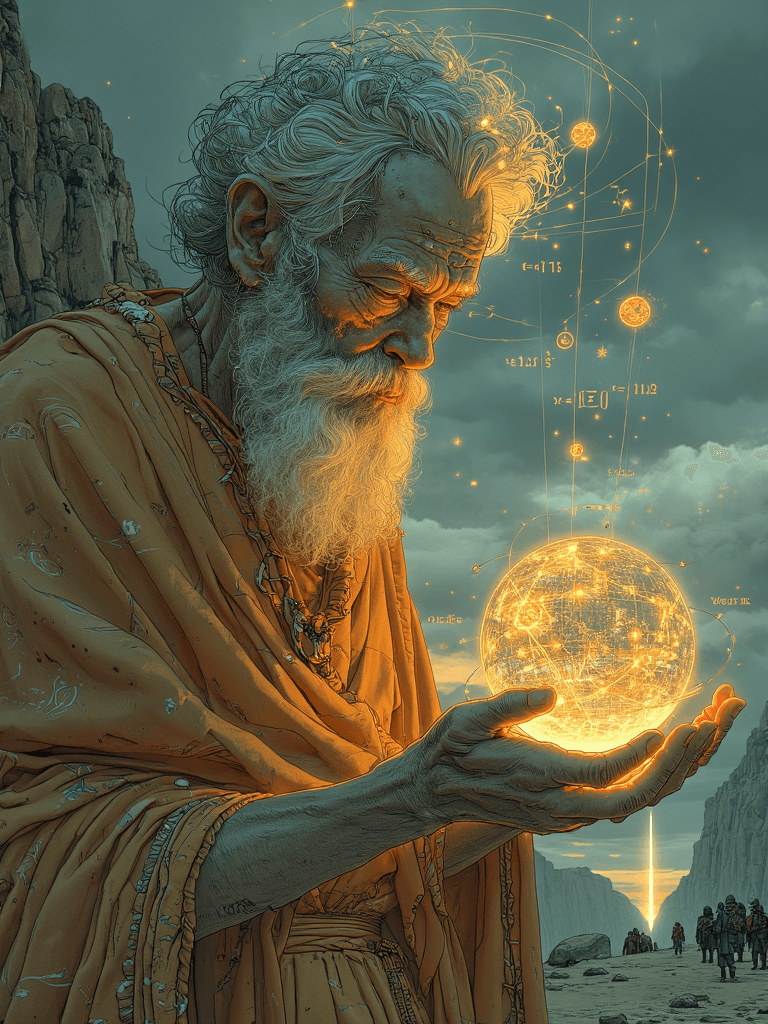 AI generated: Archimedes, an elderly but fiercely powerful figure, stands atop a rugged cliff at twilight, his anc...