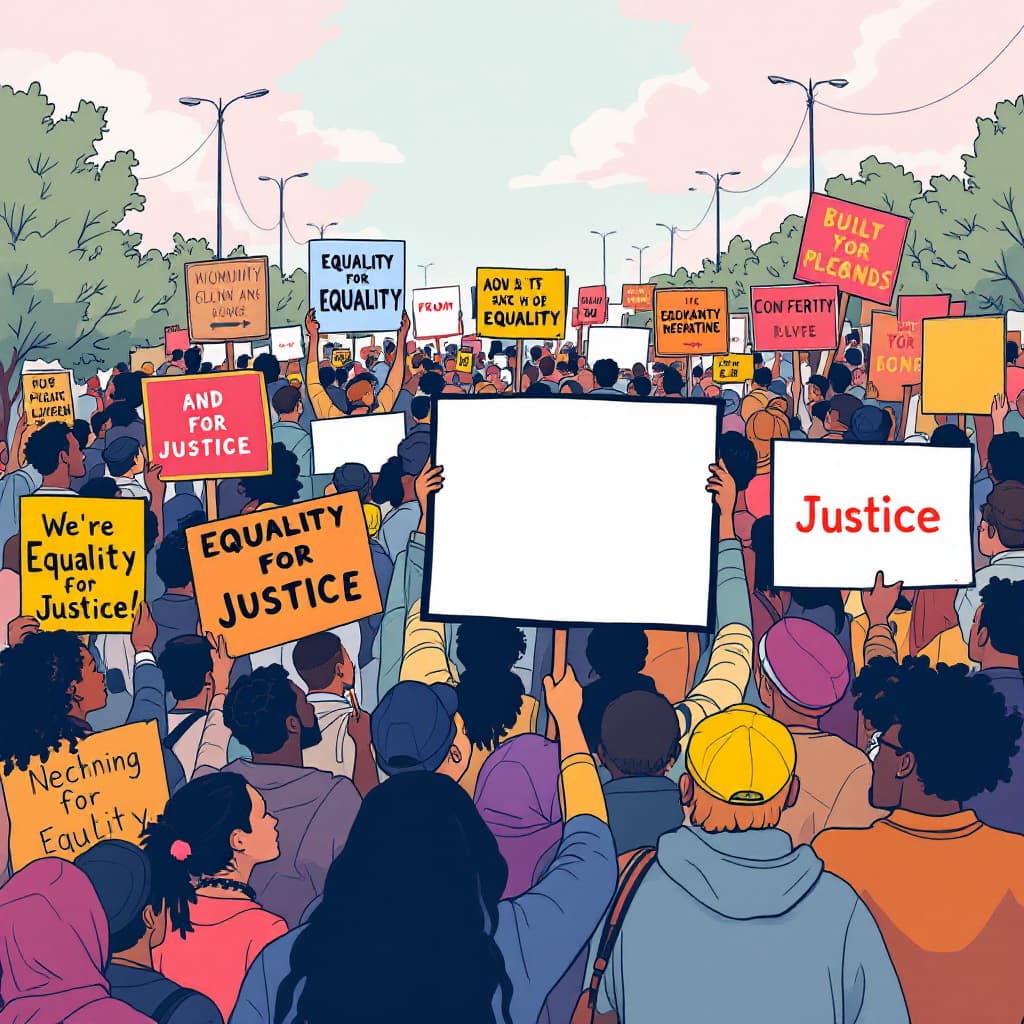 AI generated: 20240728153957list 2 Lofi illustration of a community rally with people holding 6 big signs advocati...