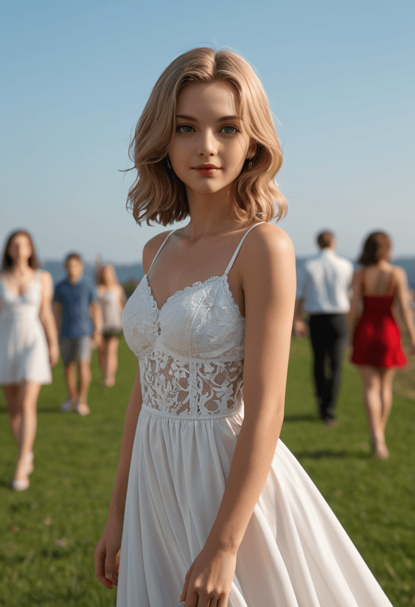 AI generated: cinematic film still Cute 18yo blonde girl,wearing a sun dress at an outdoor party
