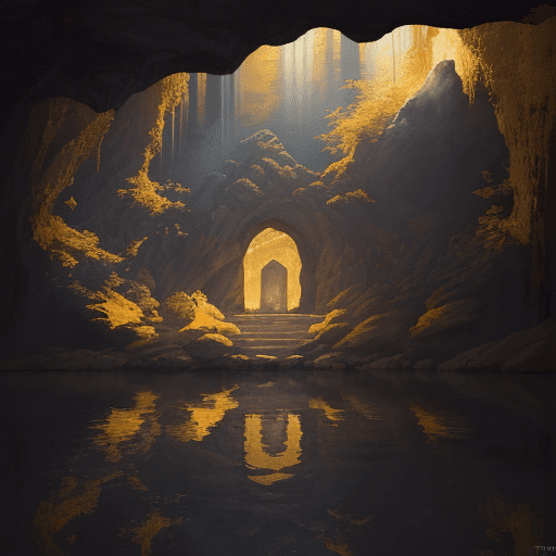 AI generated: new art : landscape into a Underground cave, in the middle an altar with a treasure on around water....