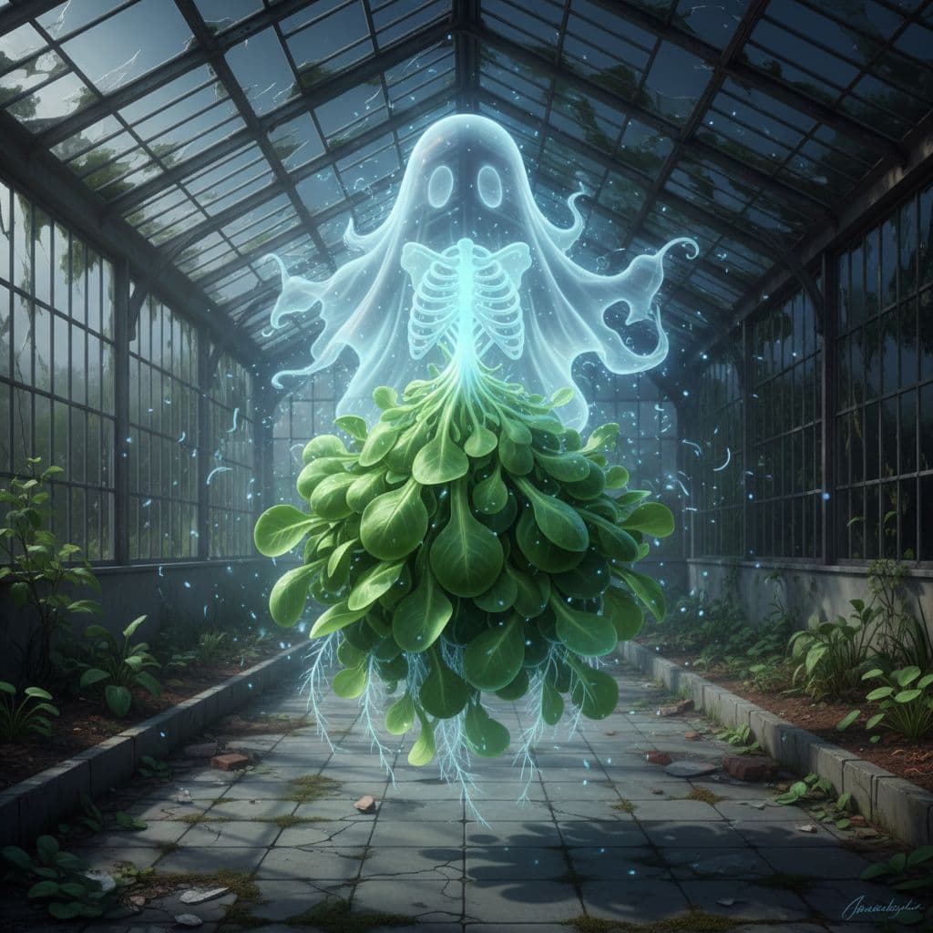 AI generated: make a creature that is half ghost half Valerianella locusta