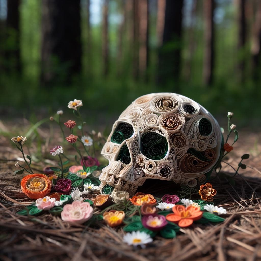 AI generated: a paper quilling image, a skull resting on a forest floor