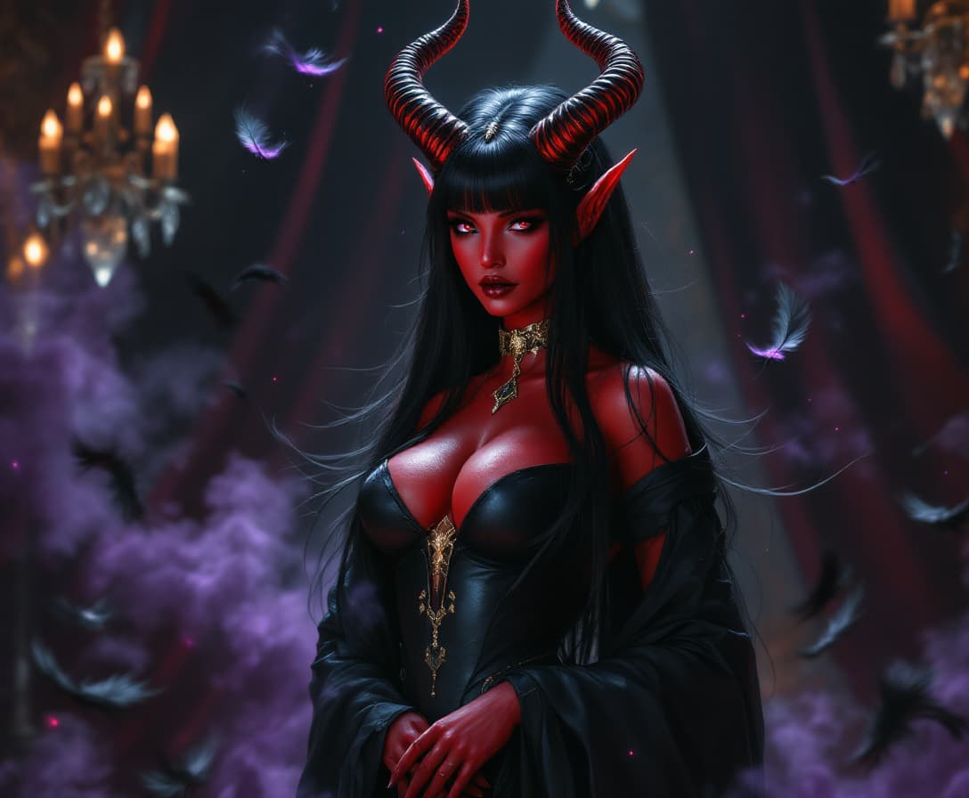 AI generated: elegant demon queen character, full crimson red skin tone with subtle sheen, matching red horns with...