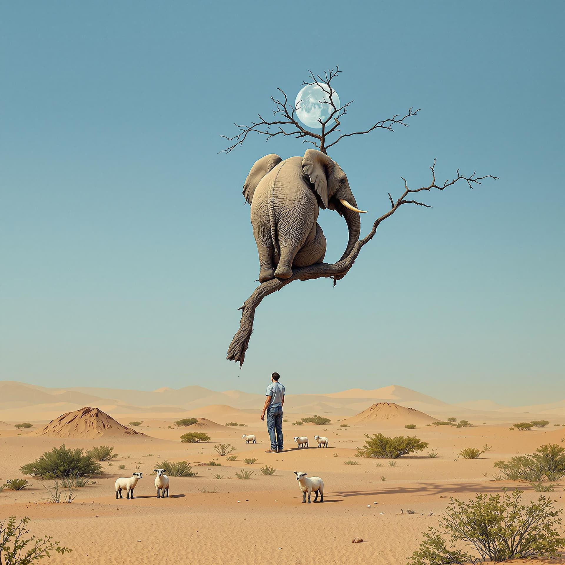AI generated: A surreal depiction of an elephant, facing away the viewer, sitting on a thin, fragile looking bare ...