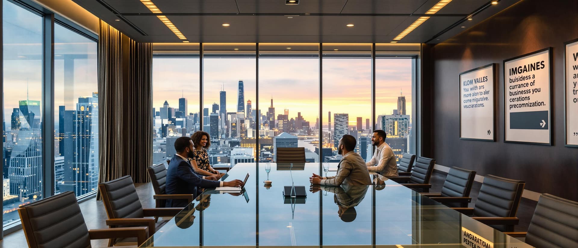 AI generated: /imagine prompt: Modern boardroom with floor-to-ceiling windows overlooking city skyline, diverse ex...