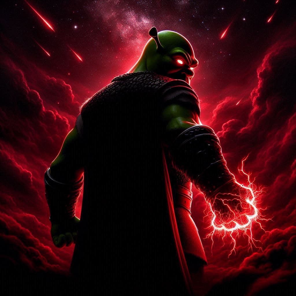 AI generated: vista 9:16 despaldas inclinado de figura oscura de Shrek heroico con determinación contrastado sobre...