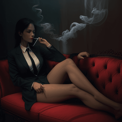 AI generated: photography, dimly lit room with a hazy atmosphere, capturing a female figure lounging on a deep cri...