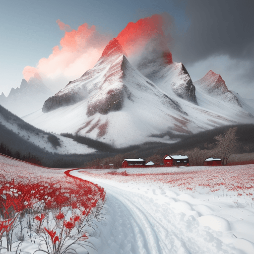 AI generated: Snow scenery, Snow road, blooming red lilies, two crumbled black towers in the distance, cloudy