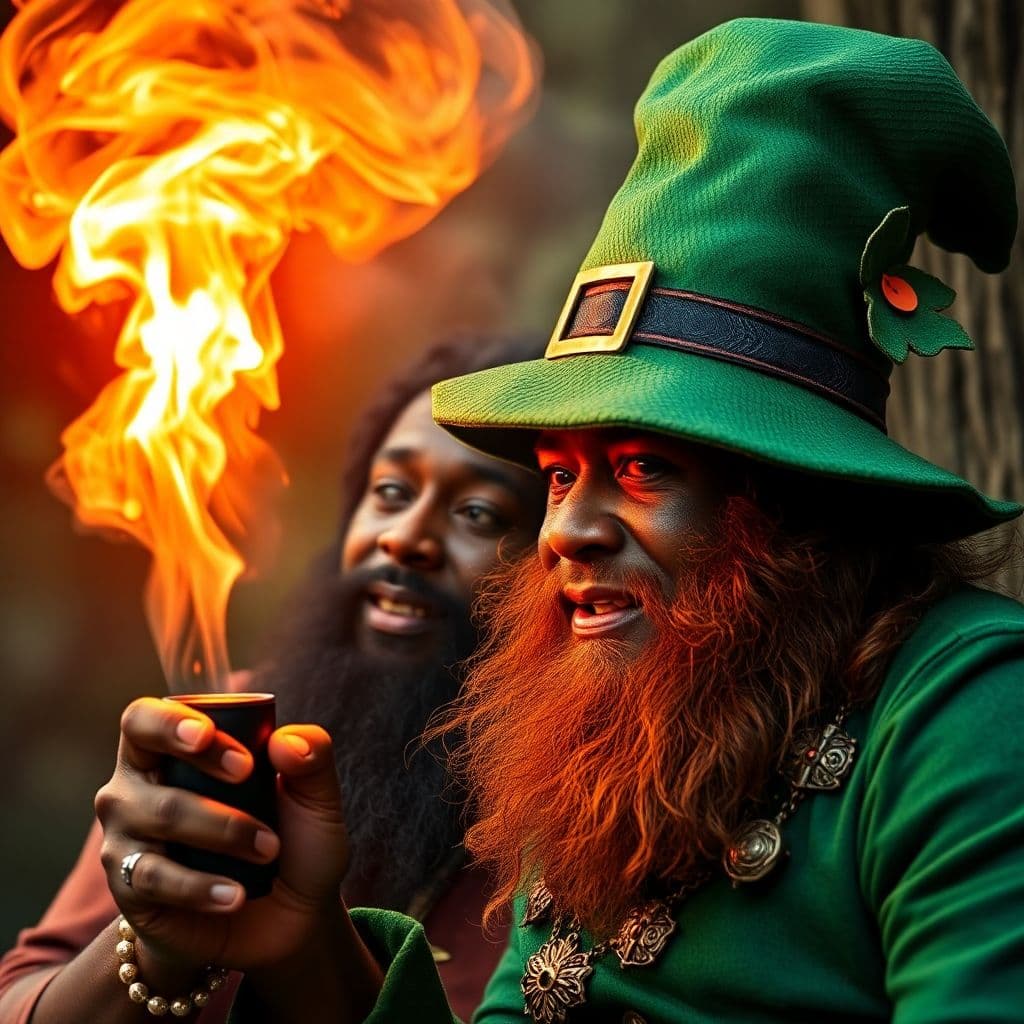 AI generated: african Joe Rogan with mysterious leprechaun, deals