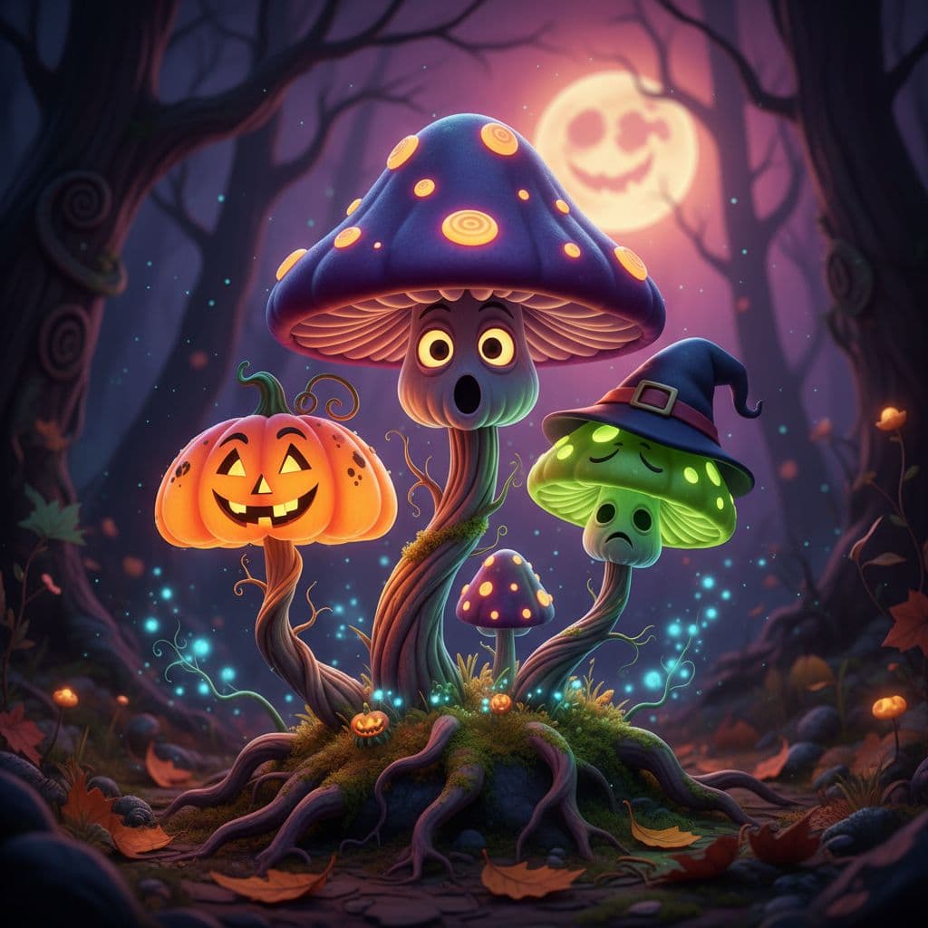 AI generated: “3D cartoon glowing Halloween mushrooms with whimsical expressions.”