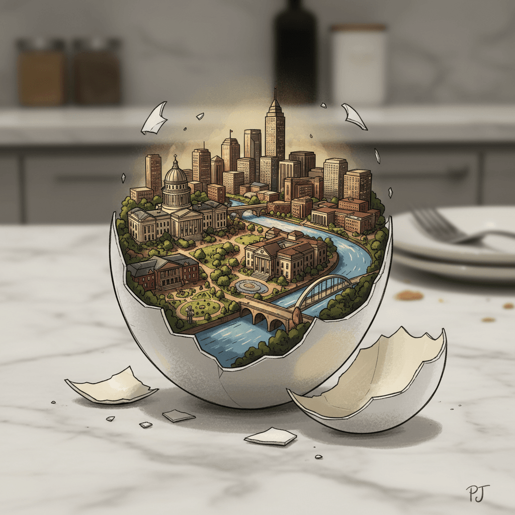 AI generated: A mesmerizing hyper-realistic digital sketch by artist PJ, featuring an egg cracked open to reveal t...