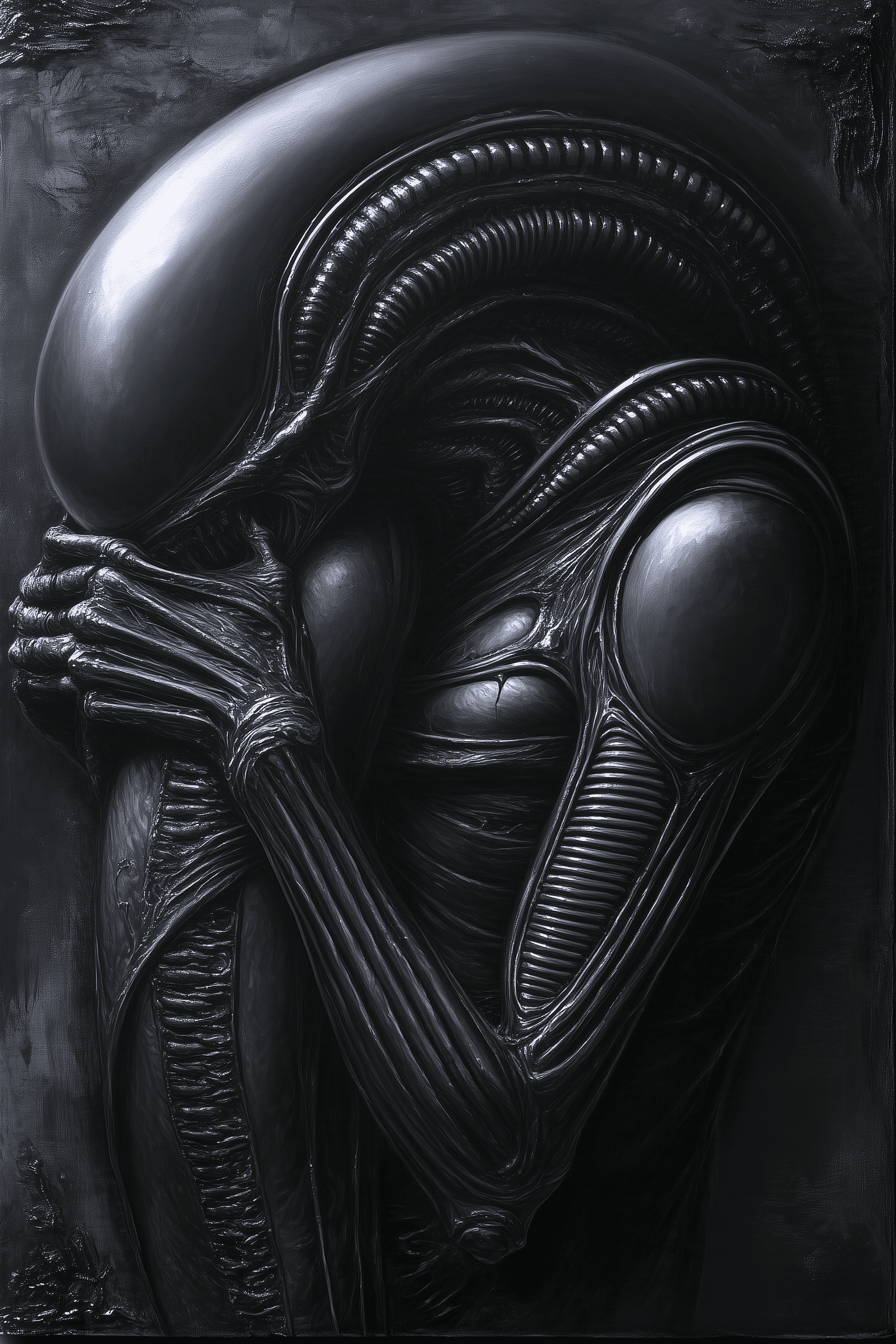 AI generated: Dark art print for a poster, featuring an alien with its head on the neck of another creature's body...