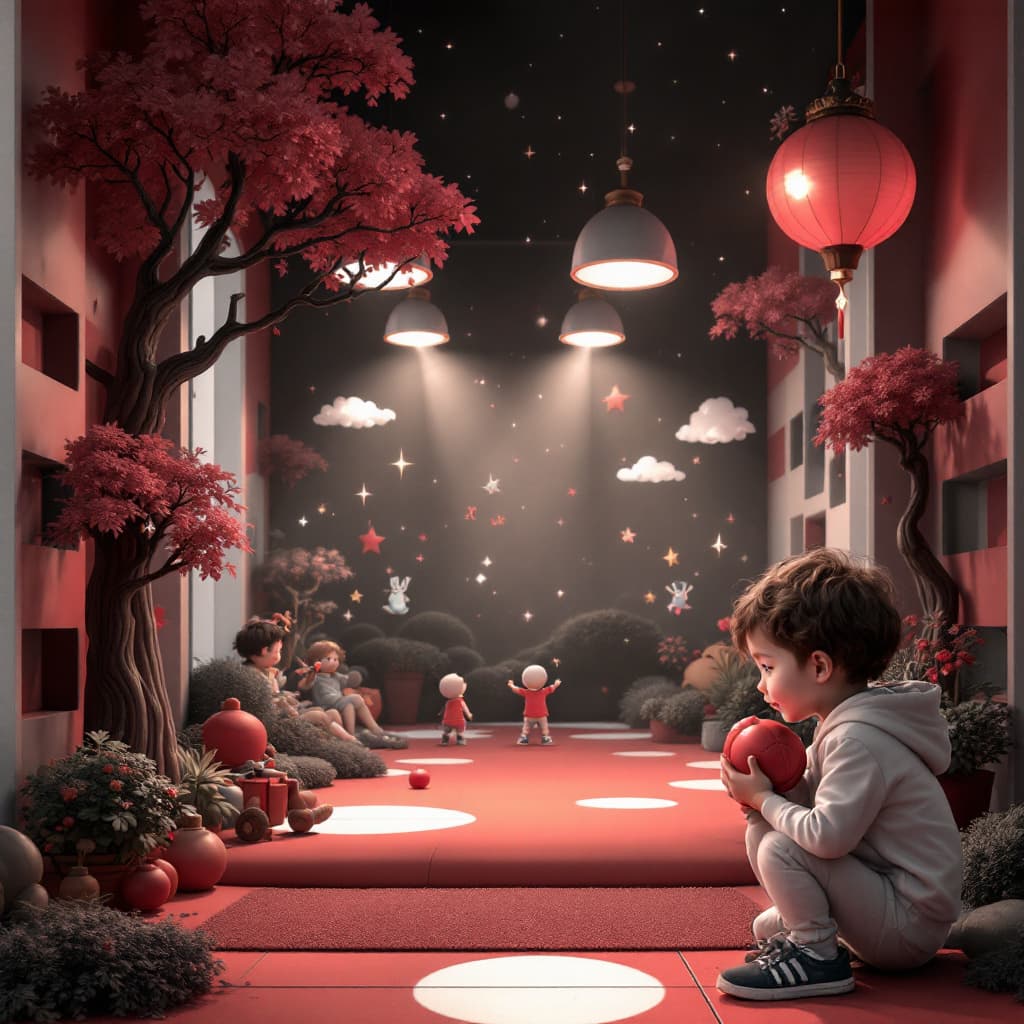 AI generated:  Ad's flyer 
Children's play area
Monochrome red and white 
Simple and minimalist, UHD, 12K