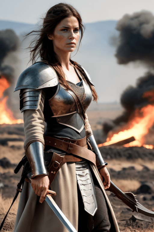 AI generated: Full Body, photograph of, a female warrior, lone survivor, standing over a battlefield, sword in han...