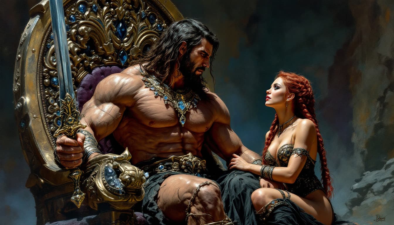 AI generated: An exquisite dark fantasy oil painting depicting the formidable Lord Conan, the emperor of the Waste...