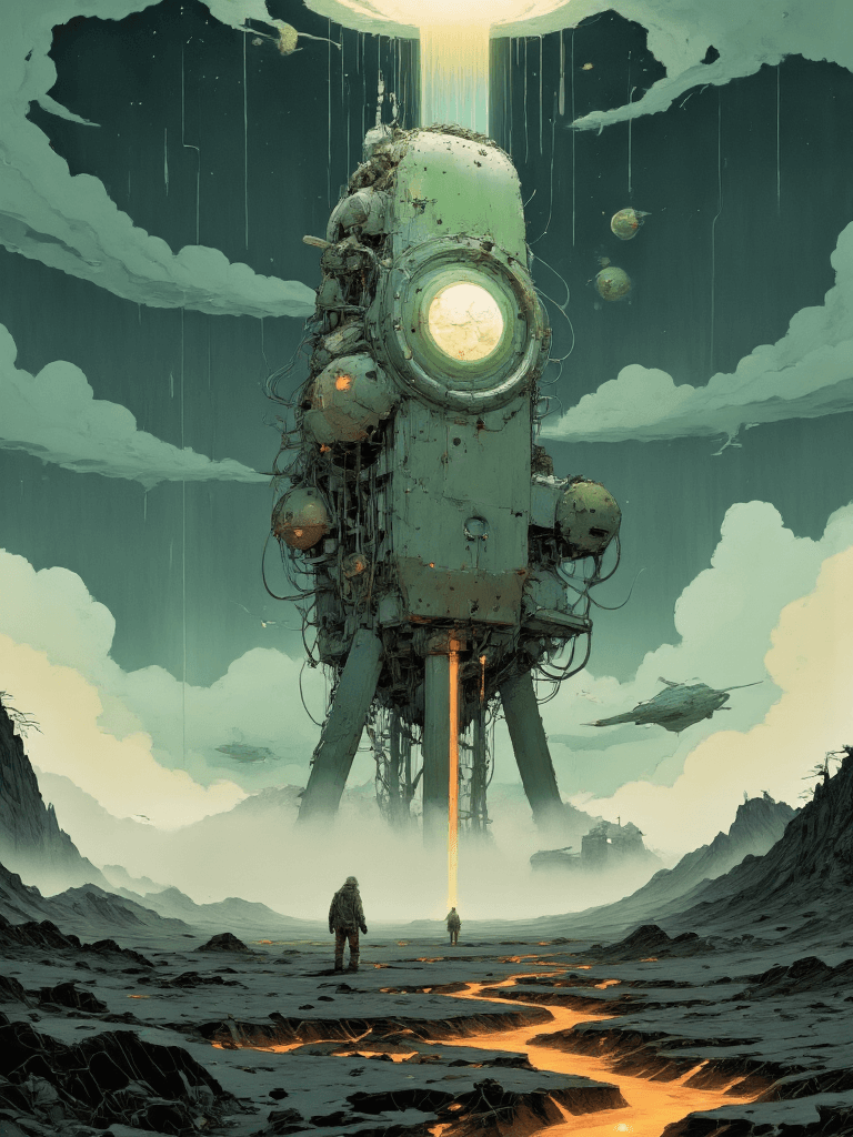 AI generated: A colossal, self-repairing, self-replicating sentient computer core rises from the barren, alien lan...