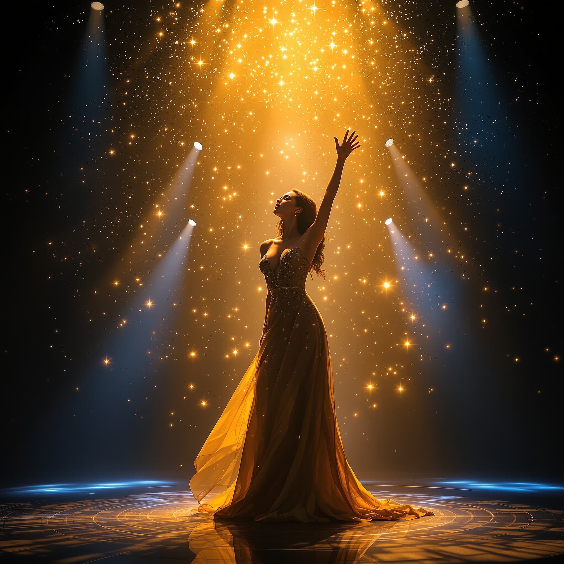 AI generated: A powerful female vocalist standing on a glowing stage, bathed in radiant golden and blue light, cin...