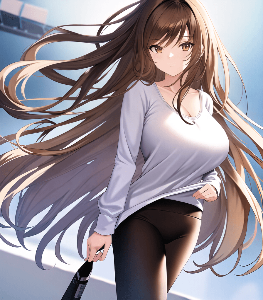 AI generated: (perfect anime illustration), 1girl, long brown hair, wavy hair, (huge breasts:1.1), amusement park,...