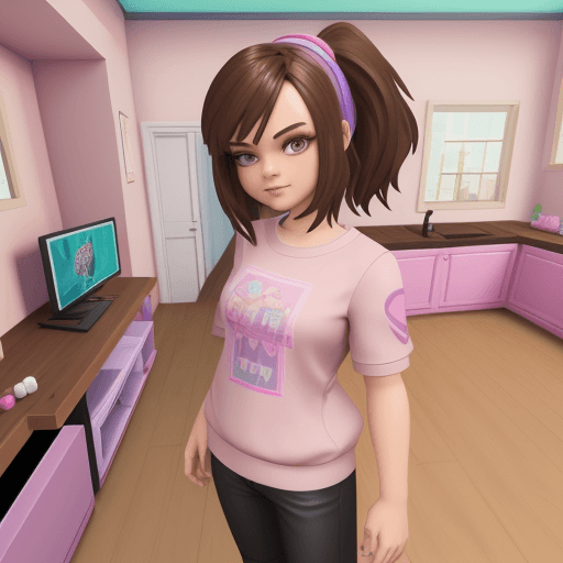 AI generated: roblox girl character
 in a house gaming, brown medium hair, pastel clothing



