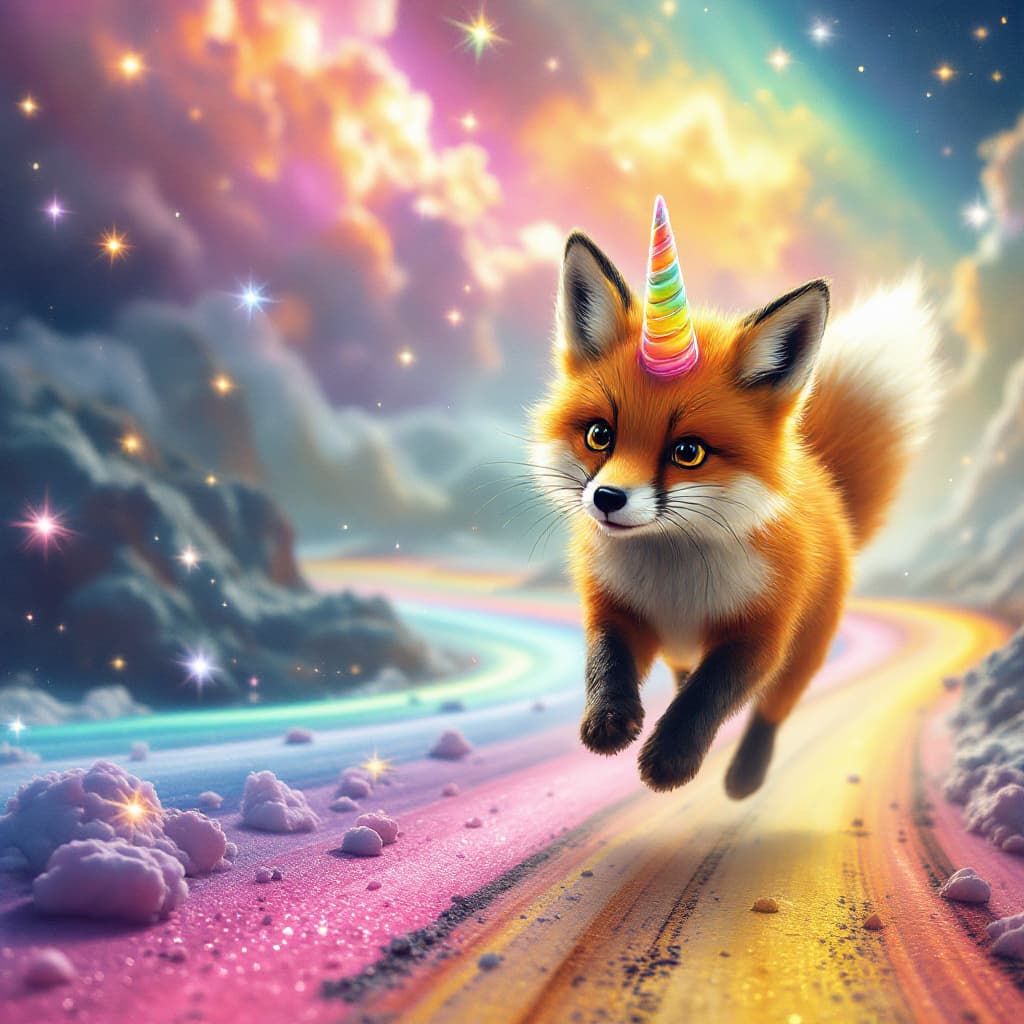 AI generated: A ginger fox is running on a rainbow road in space while unicorn is chasing her to save her (with a ...