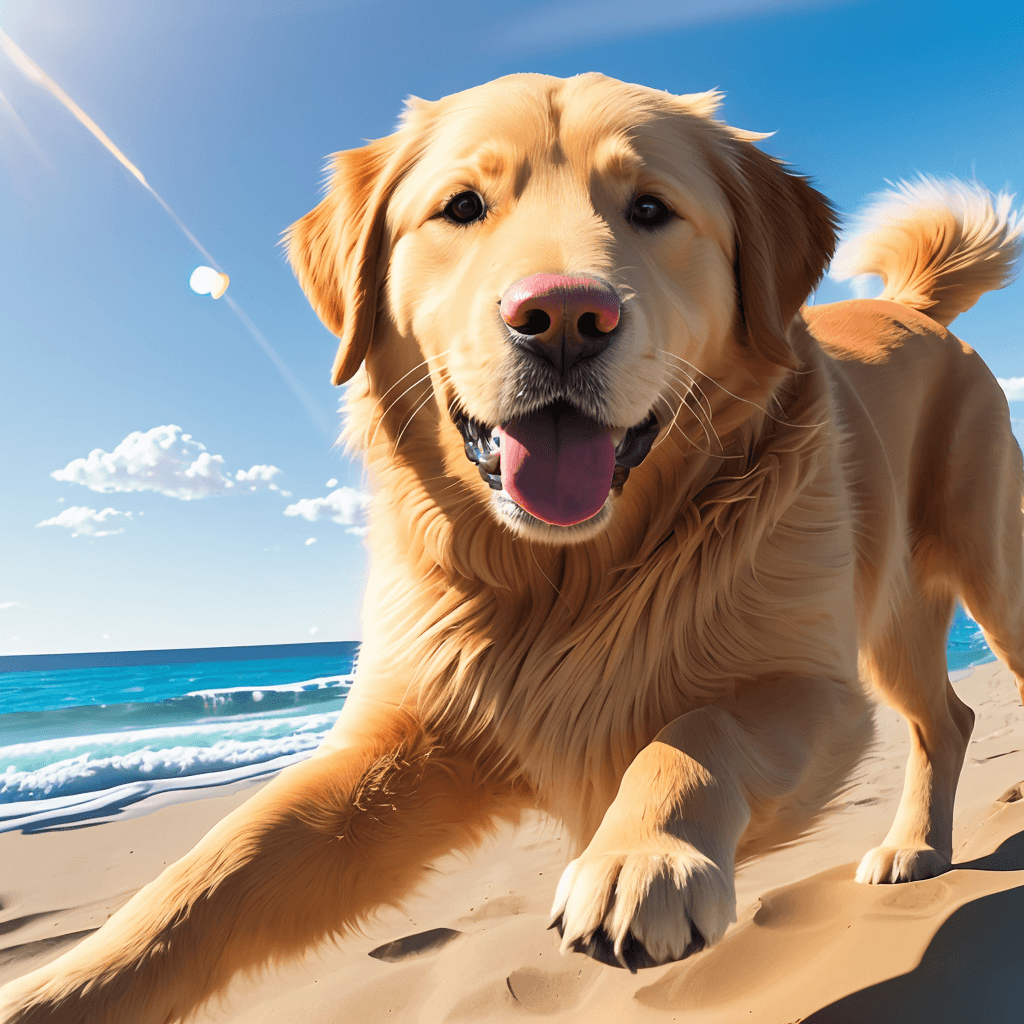 AI generated: A playful golden retriever| in full sprint across a (sunny beach:1.2)| its coat shimmering in the su...