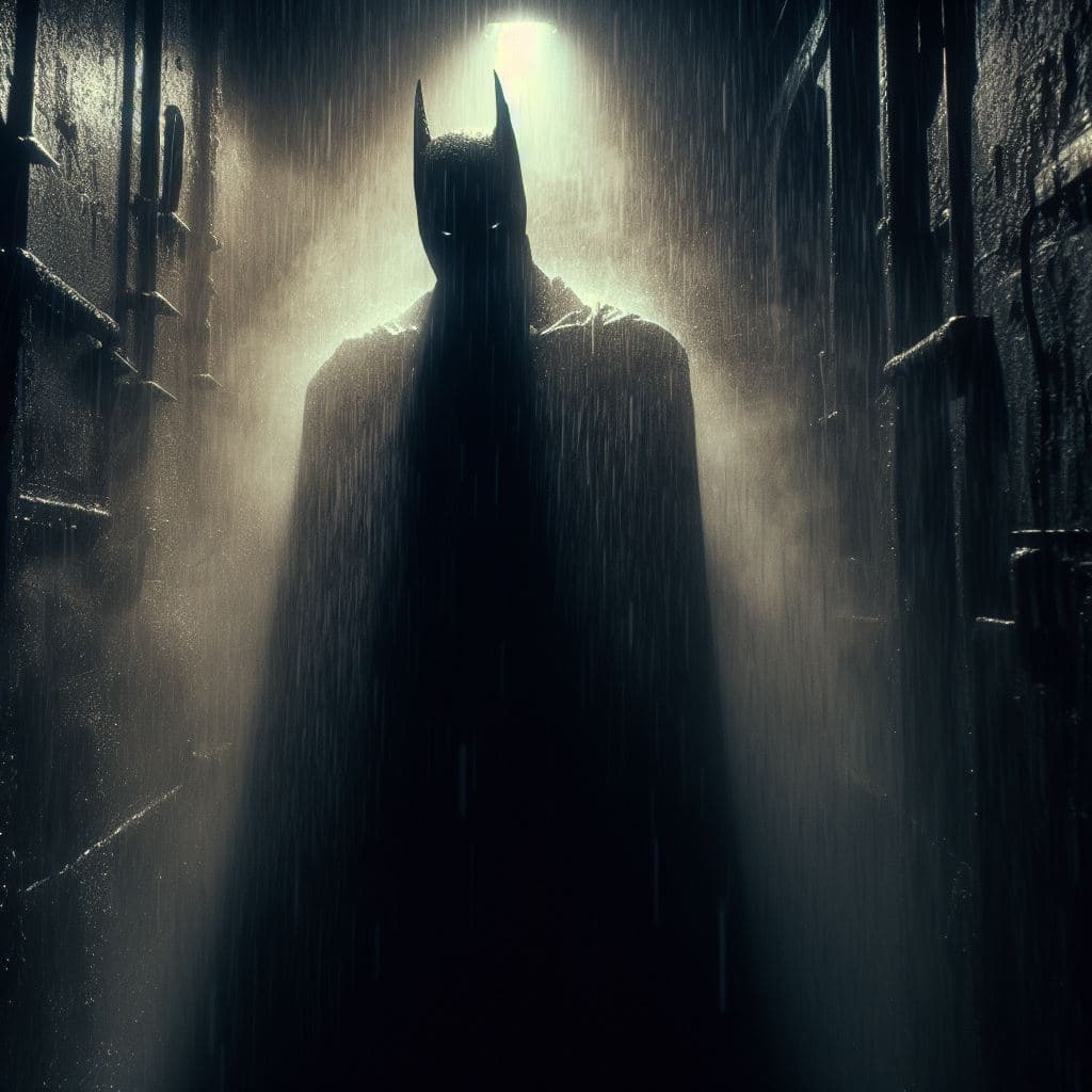 AI generated:  footage pic of Batman from a criminal's point of view, in an abandoned asylum, standing in a dark s...