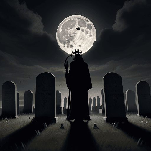 AI generated: night light, cloudy full moon, tombstones on a meadow, an undertaker wearing a visible golden crown ...