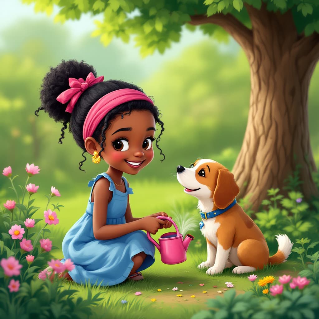 AI generated: A cheerful  young  African girl, 9 years old with black hair, a pink headband, wearing a blue dress,...